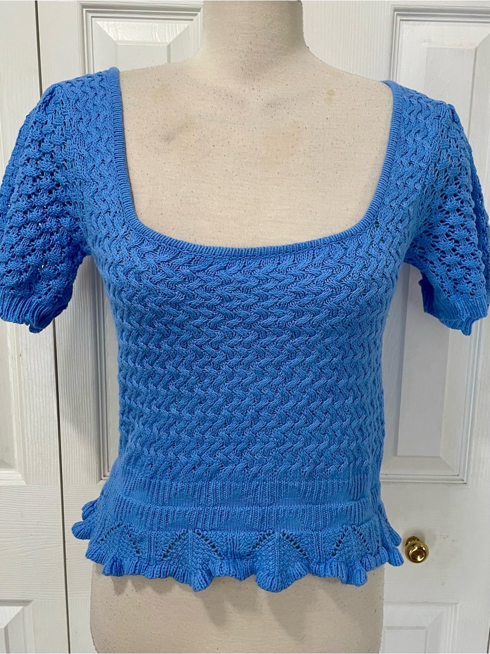 New Lulu's sky Blue Knit Square-Neck Short Sleeve Top